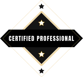 A black diamond-shaped badge featuring the text